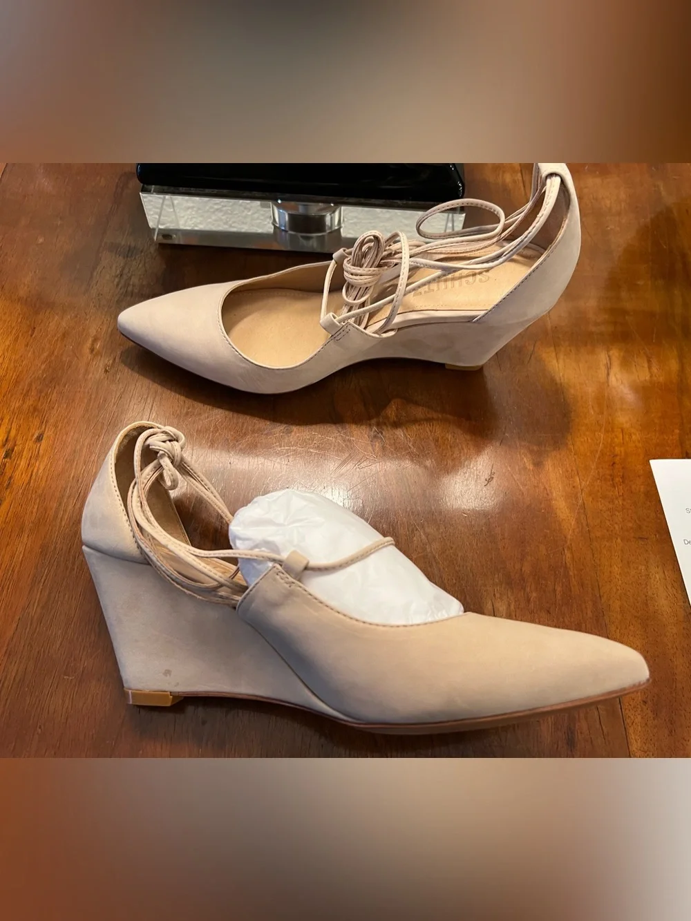 Schutz Nude Nubuck Leather Lace Up Wedge Heels Size 8 NIB